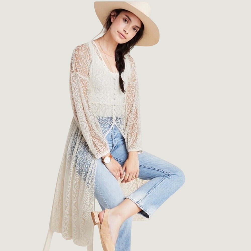 NWT Anthropologie Maeve San Michel Lace Duster Ivory Sz XS Sheer Long Sleeve